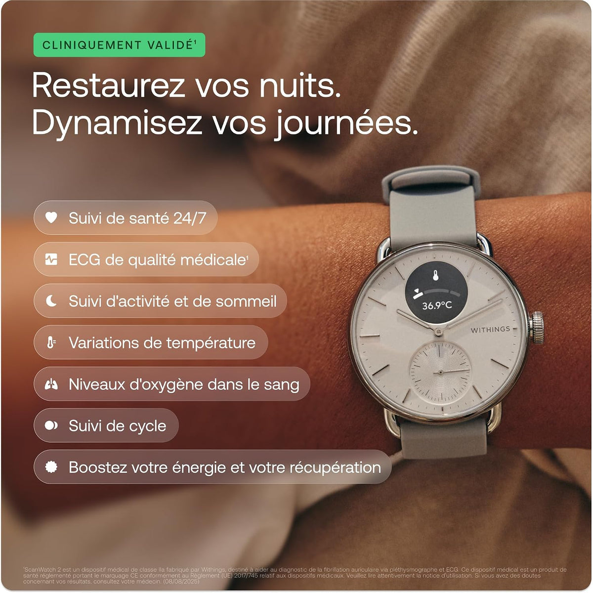 Withings ScanWatch 2, Hybrid Smartwatch, ECG, 42 mm, White