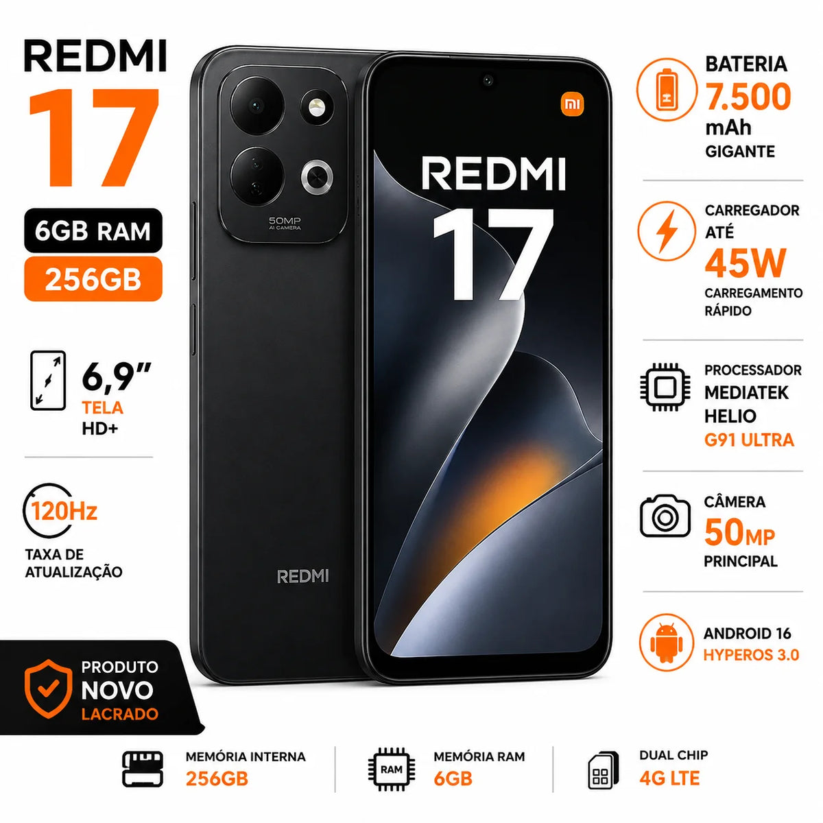 Xiaomi Redmi 17 Dual SIM 256GB 6GB RAM 6.9 50MP 8MP-Black Battery 7.500 mAh(Global)
