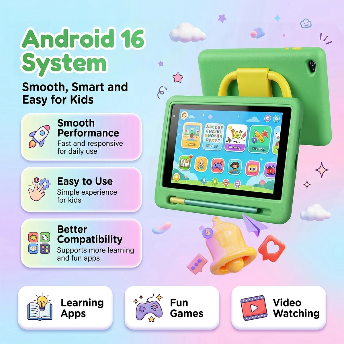 New K06 7" Kids Tablet PC Android16 24(3+21)GB Expanded RAM 128GB Storage Five‑Core Processor Shock‑Proof Protective Case Stylus Pen Learning Games Tablet For Boys Girls US Stock
