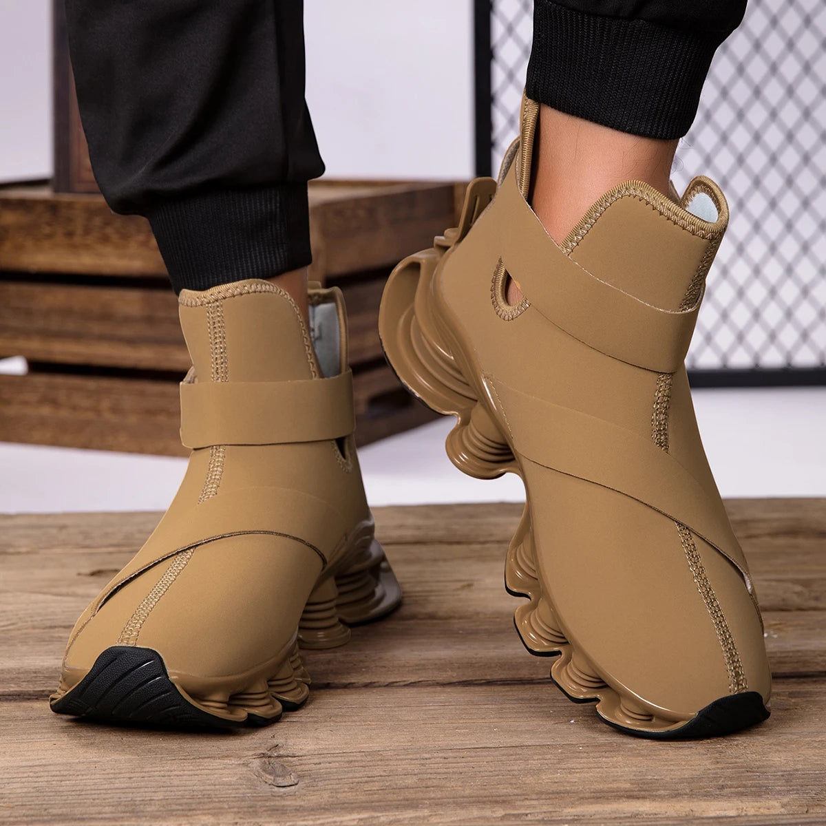 Men's High-top Shock-absorbing Running Shoes with Synthetic Leather Uppers and Hook-and-loop Closures