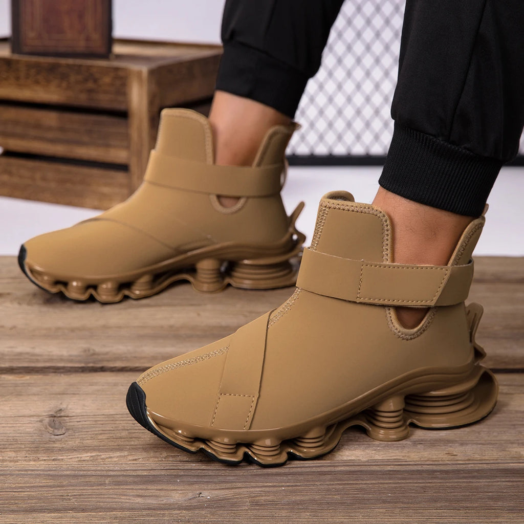 Men's High-top Shock-absorbing Running Shoes with Synthetic Leather Uppers and Hook-and-loop Closures