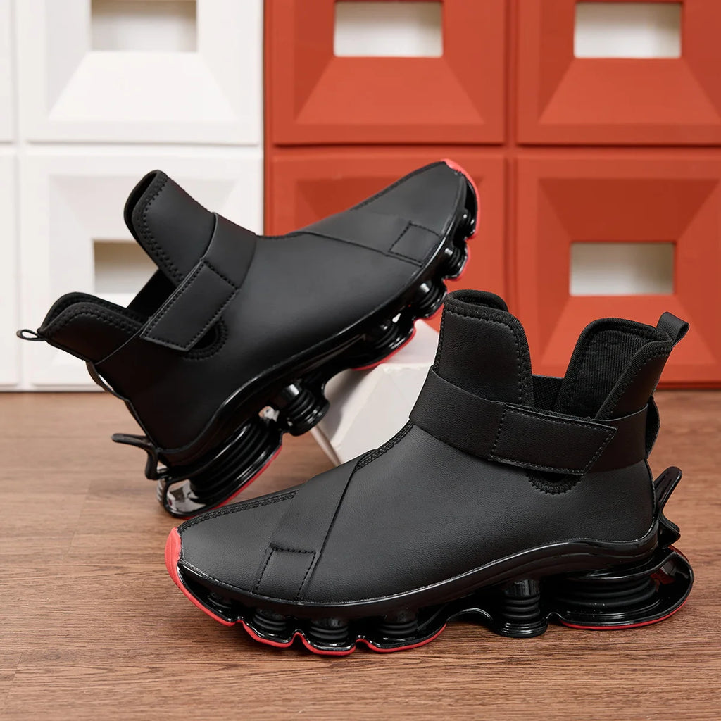 Men's High-top Shock-absorbing Running Shoes with Synthetic Leather Uppers and Hook-and-loop Closures