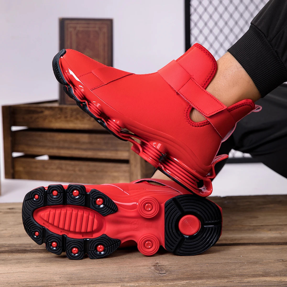 Men's High-top Shock-absorbing Running Shoes with Synthetic Leather Uppers and Hook-and-loop Closures