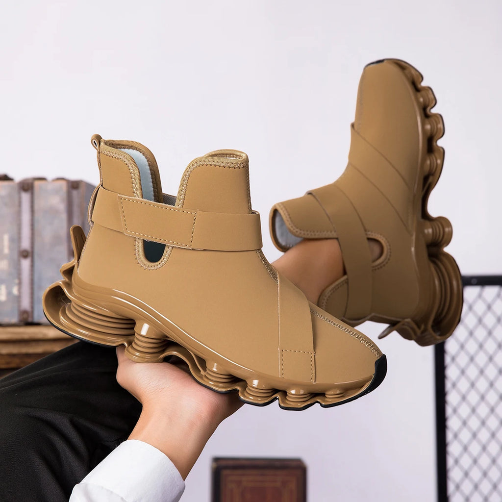Men's High-top Shock-absorbing Running Shoes with Synthetic Leather Uppers and Hook-and-loop Closures