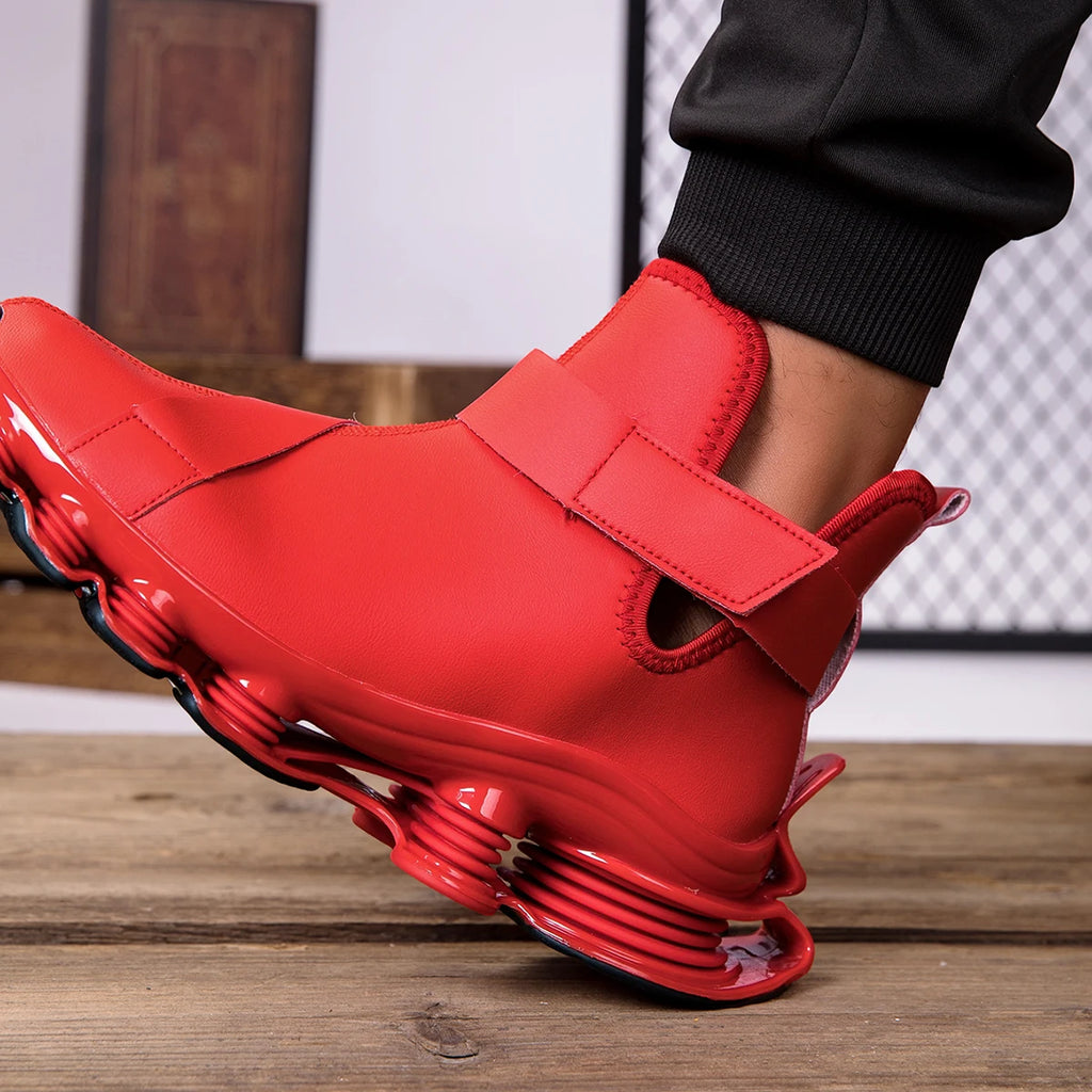 Men's High-top Shock-absorbing Running Shoes with Synthetic Leather Uppers and Hook-and-loop Closures