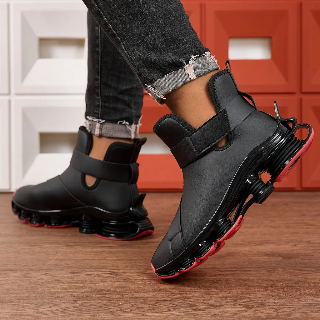 Men's High-top Shock-absorbing Running Shoes with Synthetic Leather Uppers and Hook-and-loop Closures
