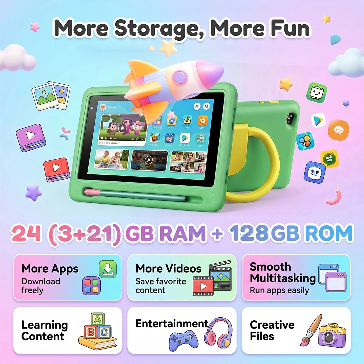 New K06 7" Kids Tablet PC Android16 24(3+21)GB Expanded RAM 128GB Storage Five‑Core Processor Shock‑Proof Protective Case Stylus Pen Learning Games Tablet For Boys Girls US Stock