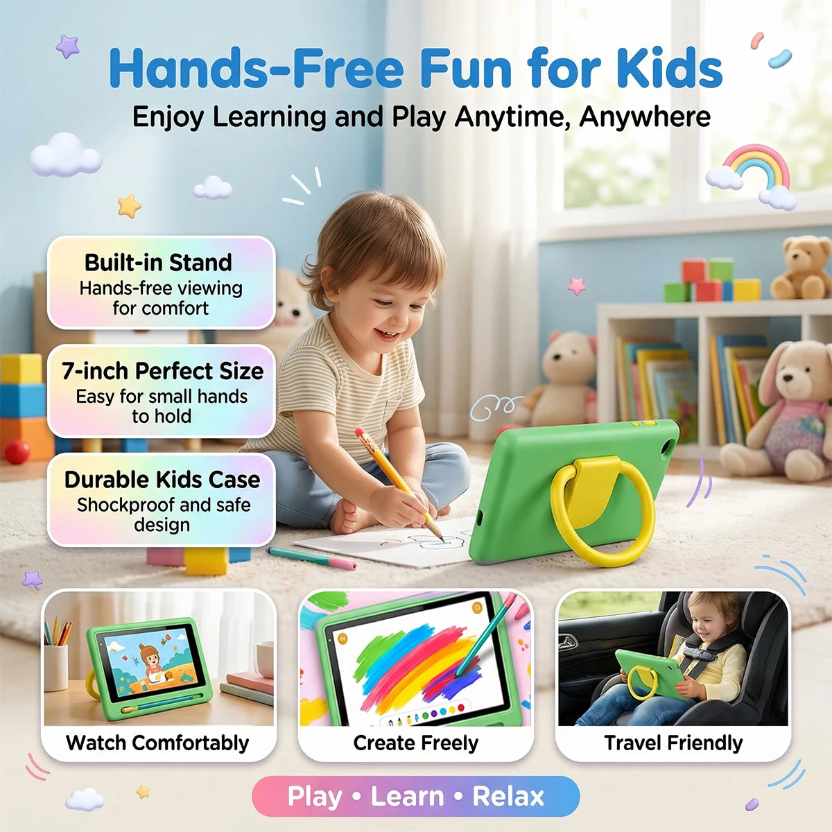 New K06 7" Kids Tablet PC Android16 24(3+21)GB Expanded RAM 128GB Storage Five‑Core Processor Shock‑Proof Protective Case Stylus Pen Learning Games Tablet For Boys Girls US Stock