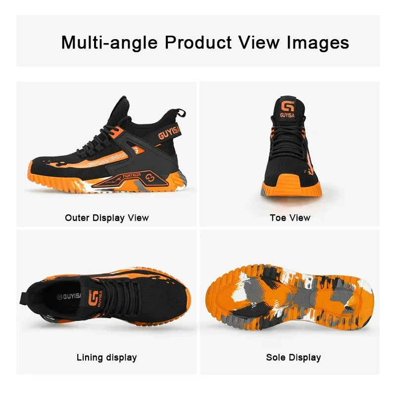 GUYISA Breathable High-top Men's Safety Shoes All Seasons Wear Anti-smash Anti-puncture with Steel Toe Rubber Outsole