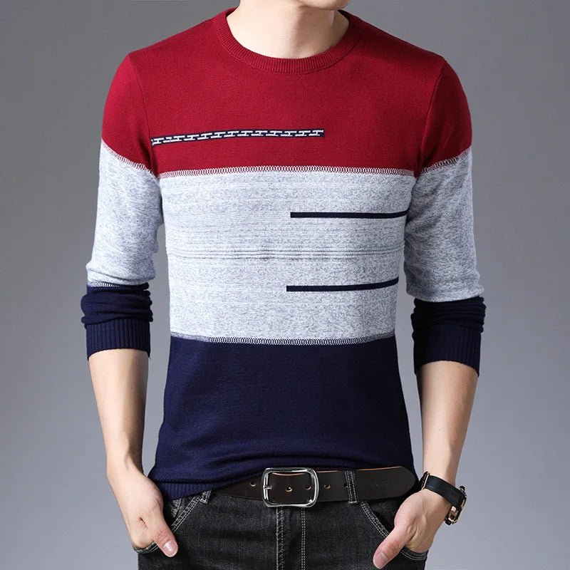 2026 Autumn Winter Pullover Men Round Collar Striped  Cotton Sweaters Slim Fit Pull Homme Knitwear