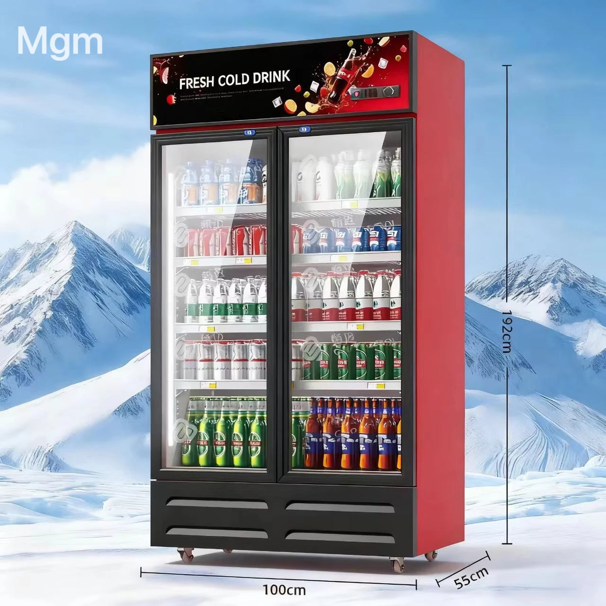 Freezer Chiller 2-Door Commercial Beverage Drinks Fridge Industrial Single-Temperature Showcase Display for Shops Stand-Up Glass