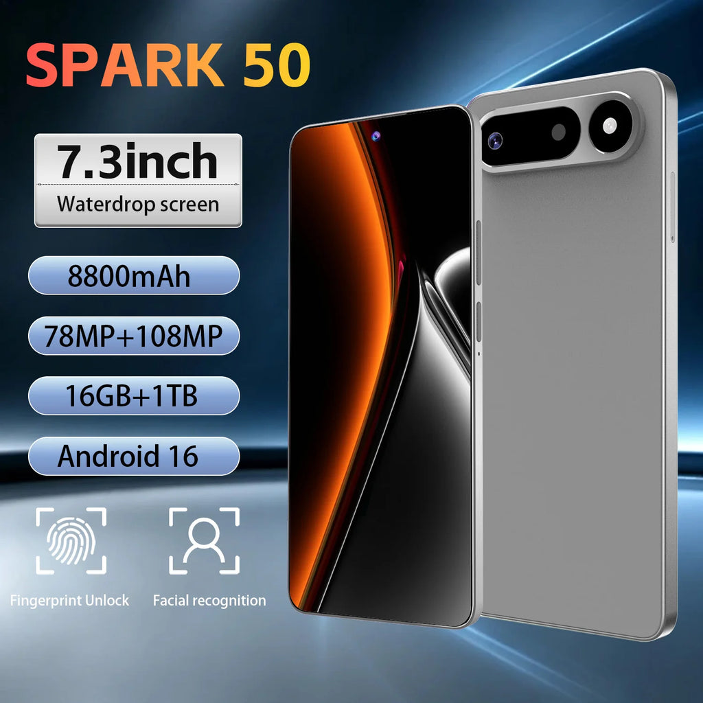 Android 16 Spark 50  Phone 16+1TB Storage 8800mAh Battery 7.3" Screen Support GPS Dual SIM for Travel Gaming Business Daily Use