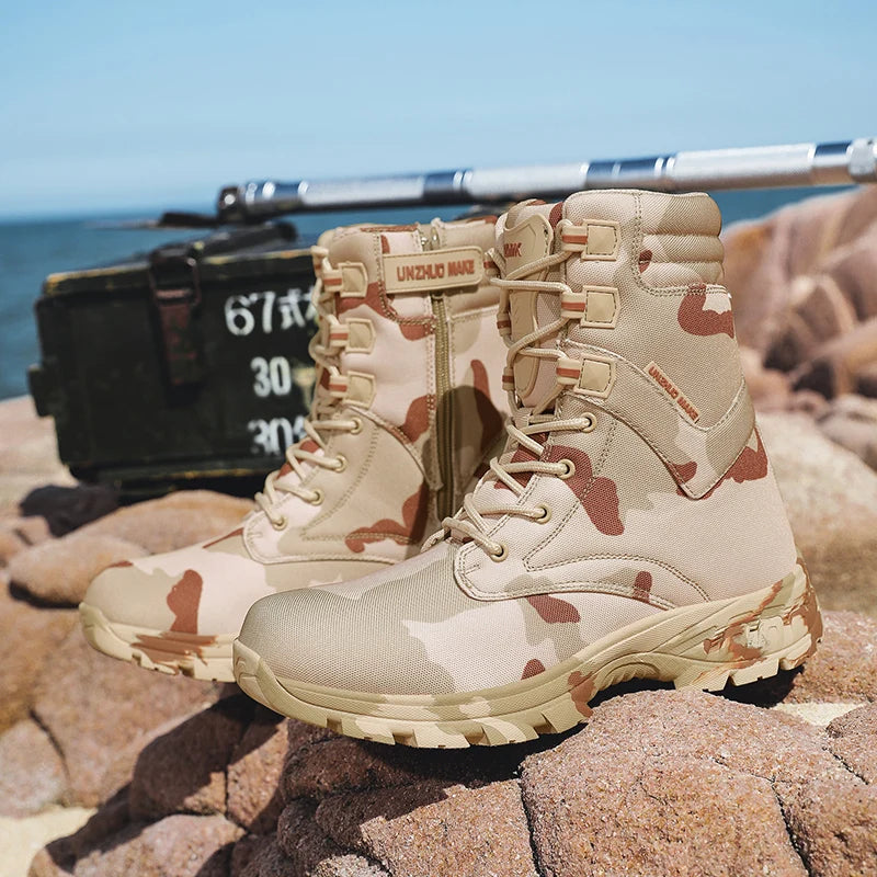 Men's Lightweight Waterproof Toe Outdoor Training Boots with EVA Midsole-Camouflage Rubber Upper + Oxford Mesh Lining