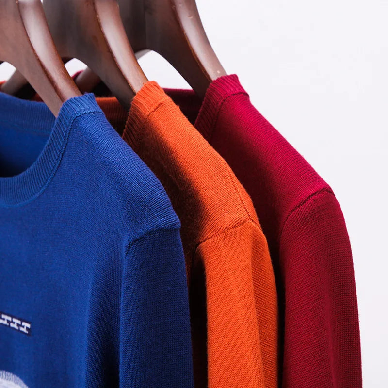 2026 Autumn Winter Pullover Men Round Collar Striped  Cotton Sweaters Slim Fit Pull Homme Knitwear