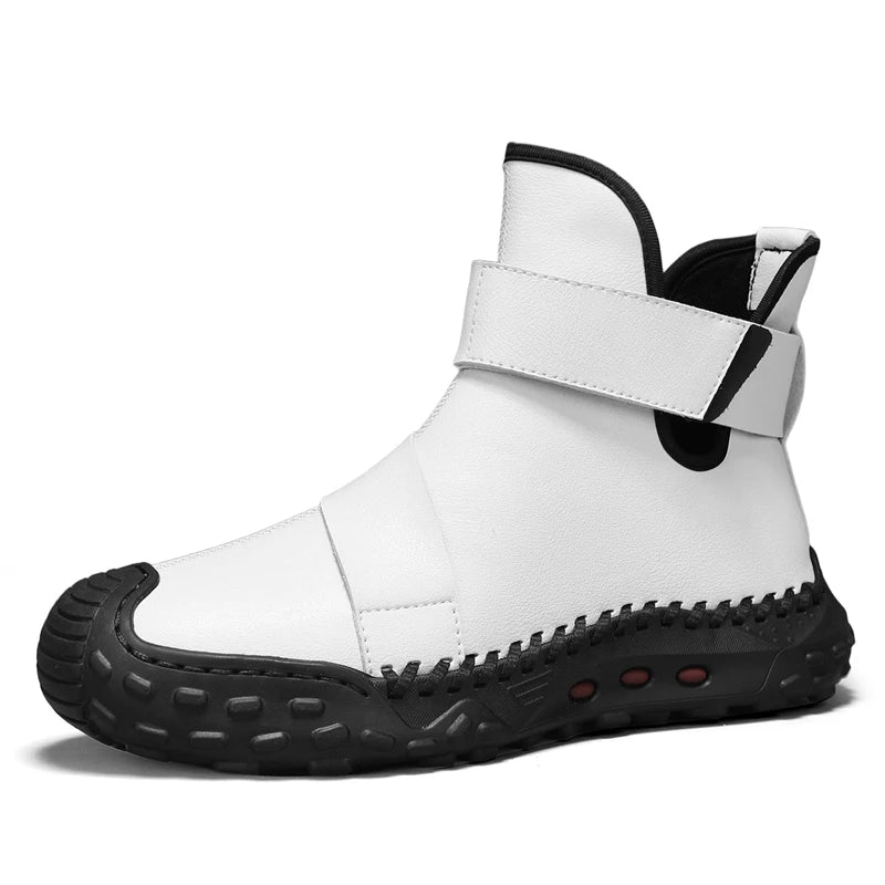 Factory Supply Custom LOGO Service Middle-top Anti-slip Large Size Handmade Stitched Men Leather Casual Boots Sneakers Shoes