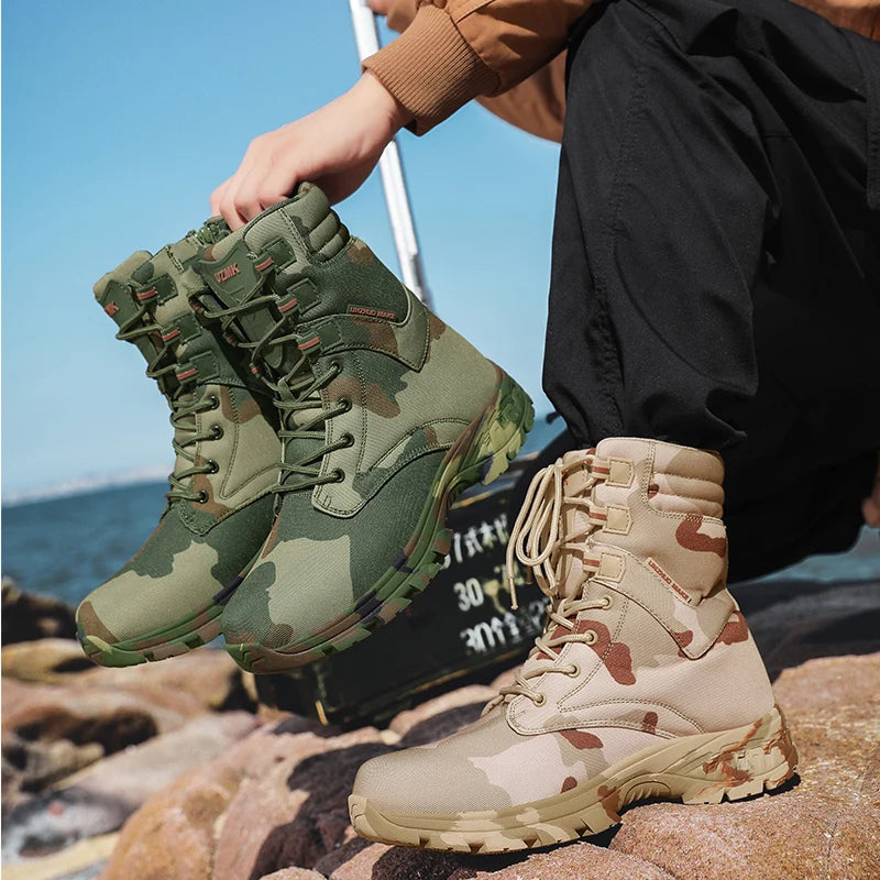 Men's Lightweight Waterproof Toe Outdoor Training Boots with EVA Midsole-Camouflage Rubber Upper + Oxford Mesh Lining