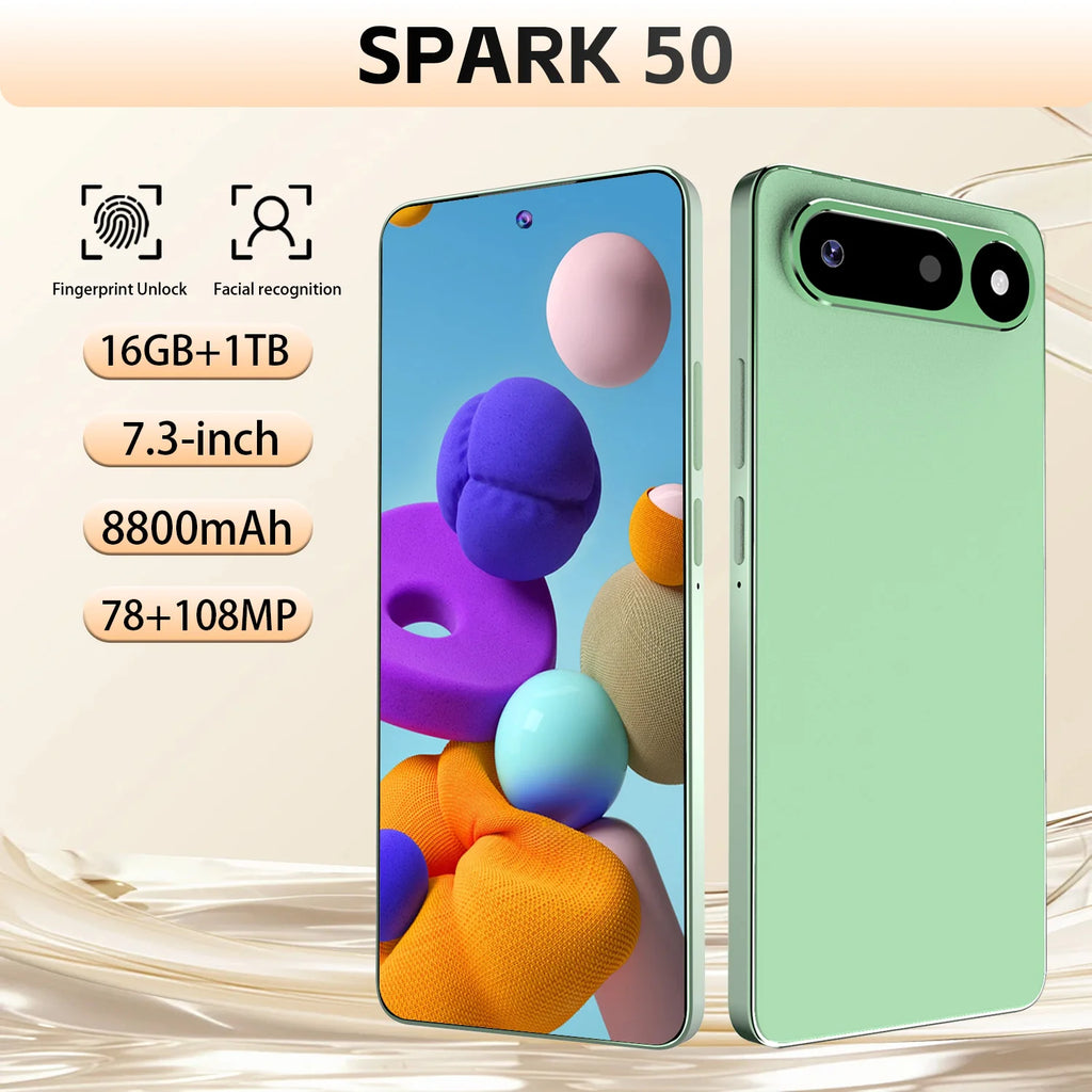 Android 16 Spark 50  Phone 16+1TB Storage 8800mAh Battery 7.3" Screen Support GPS Dual SIM for Travel Gaming Business Daily Use