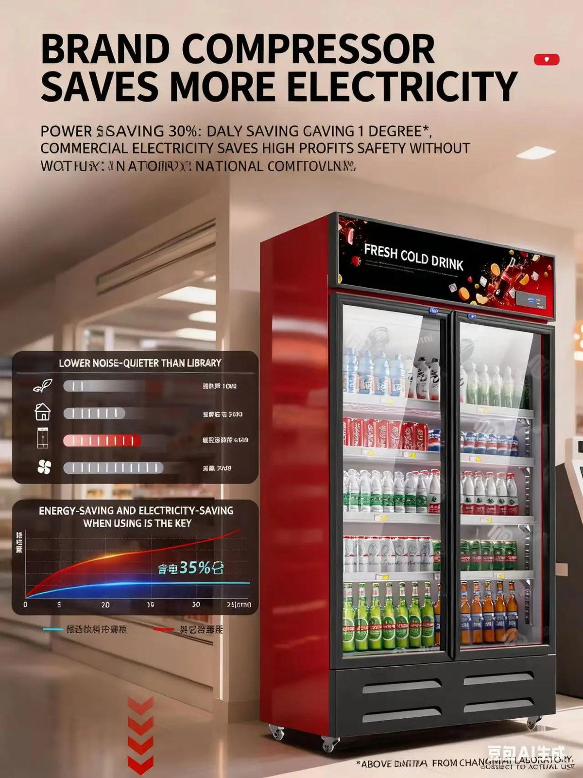 Freezer Chiller 2-Door Commercial Beverage Drinks Fridge Industrial Single-Temperature Showcase Display for Shops Stand-Up Glass