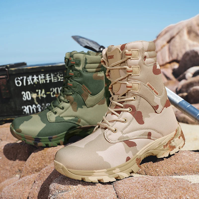 Men's Lightweight Waterproof Toe Outdoor Training Boots with EVA Midsole-Camouflage Rubber Upper + Oxford Mesh Lining