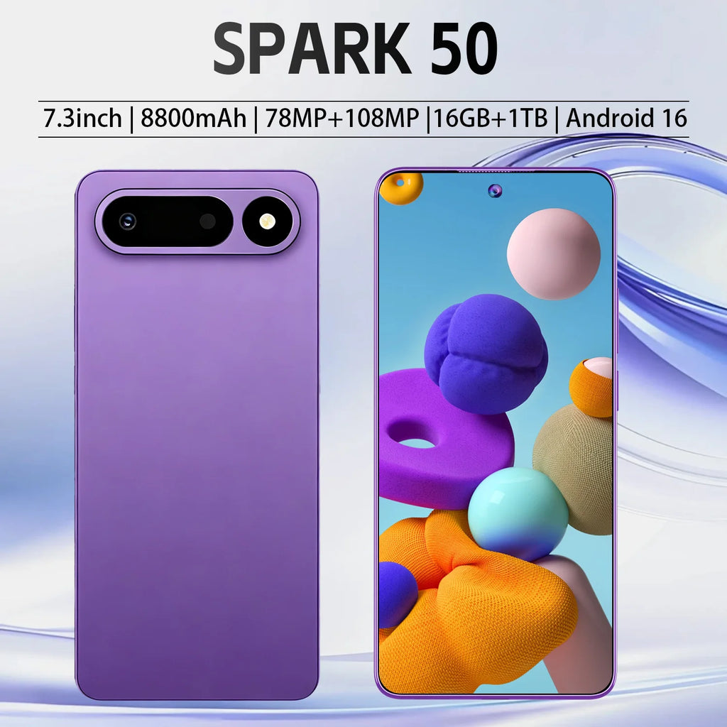 Android 16 Spark 50  Phone 16+1TB Storage 8800mAh Battery 7.3" Screen Support GPS Dual SIM for Travel Gaming Business Daily Use