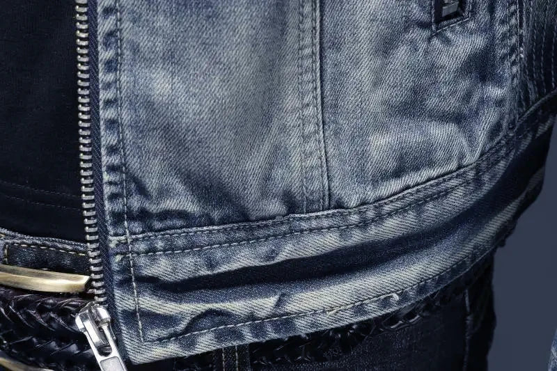Spring and Autumn Men's Denim Cool Casual Retro M-4XL Stand Collar Zipper Tops Motorcycle Coat