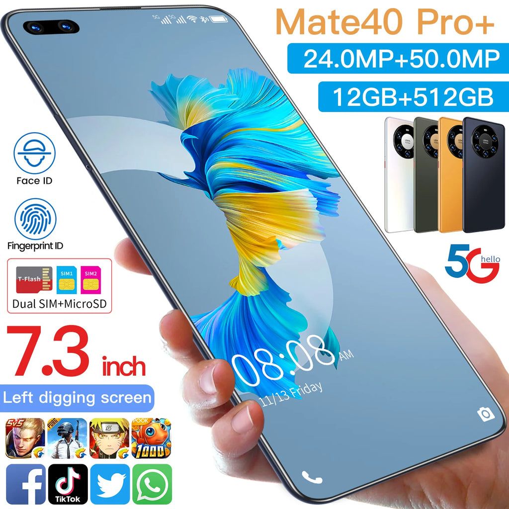 Hot Selling Mate 40 Pro+ Mate 50 12gb+512gb 7.3 Inch Full Display Android 10.0 Mobile Cell Smart Phone