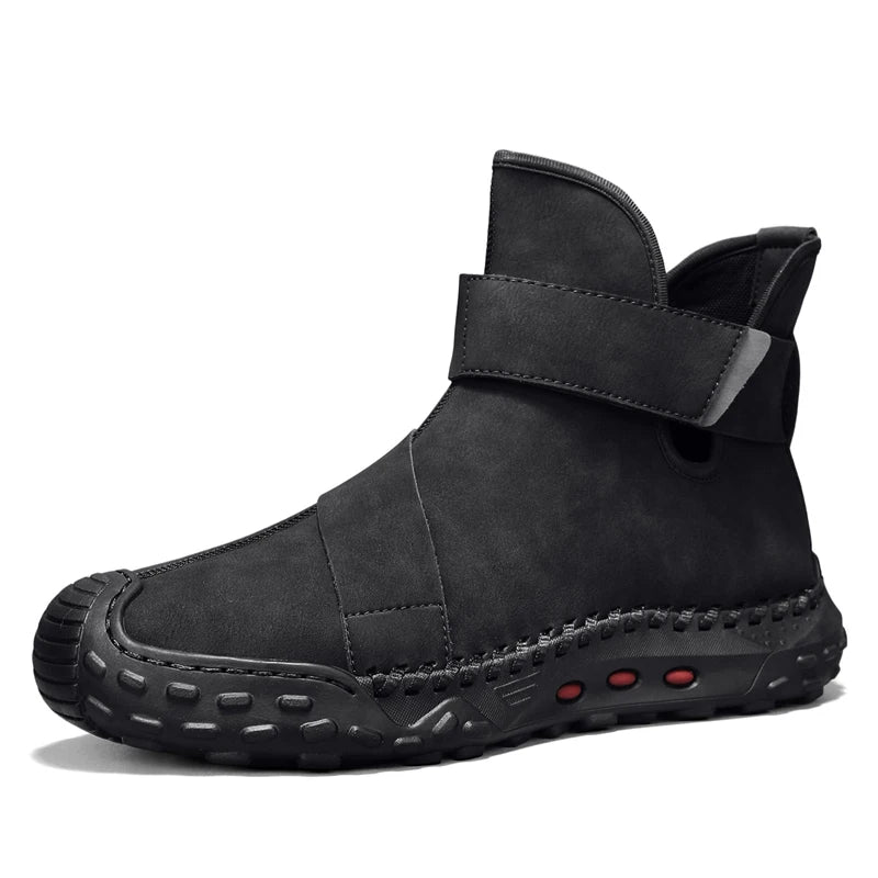 Factory Supply Custom LOGO Service Middle-top Anti-slip Large Size Handmade Stitched Men Leather Casual Boots Sneakers Shoes