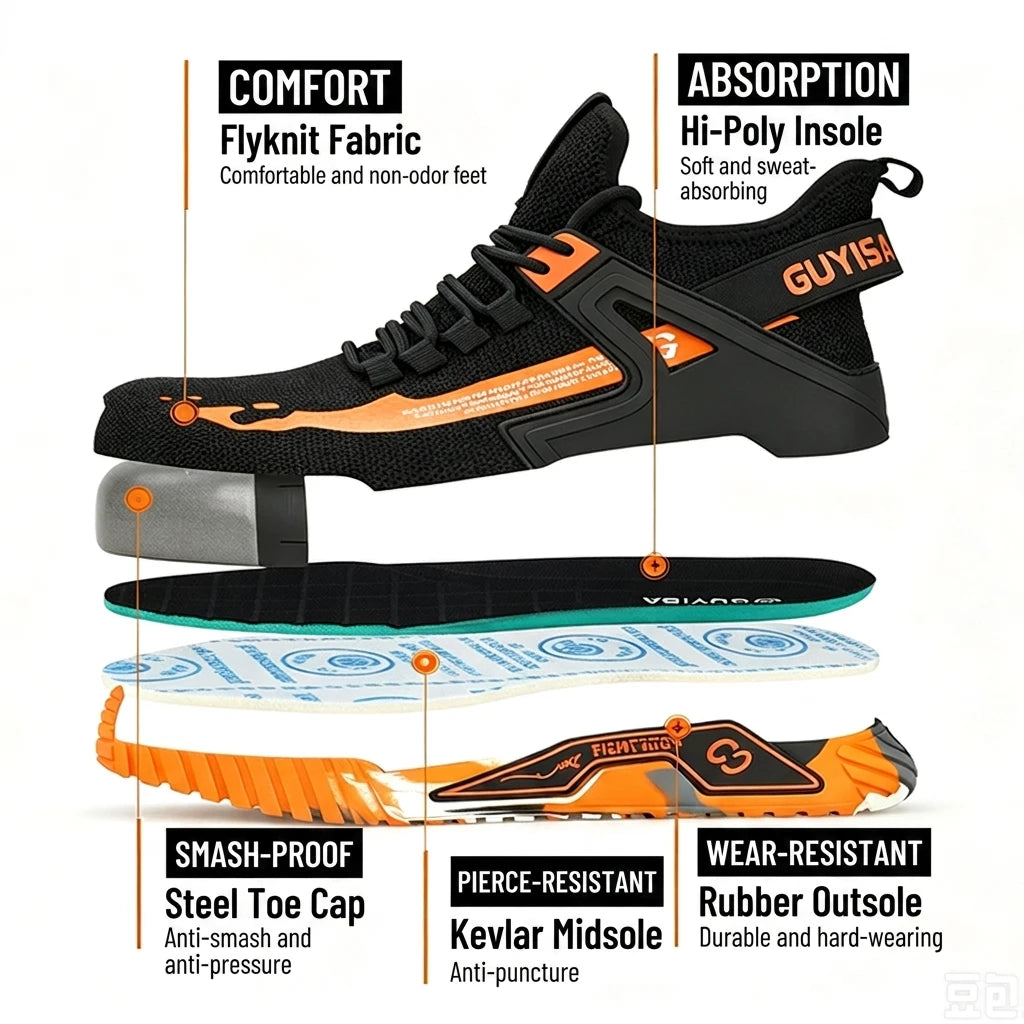 GUYISA Breathable High-top Men's Safety Shoes All Seasons Wear Anti-smash Anti-puncture with Steel Toe Rubber Outsole