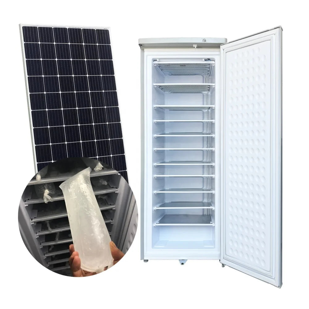 198L DC 24V Commercial Ice Block Bag Maker Ice Making Machine Refrigerator Upright Freezer Solar Panel Gel Battery 70kg/24 Hours