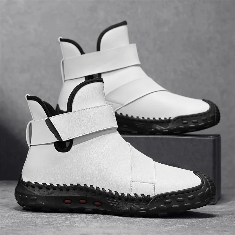 Factory Supply Custom LOGO Service Middle-top Anti-slip Large Size Handmade Stitched Men Leather Casual Boots Sneakers Shoes