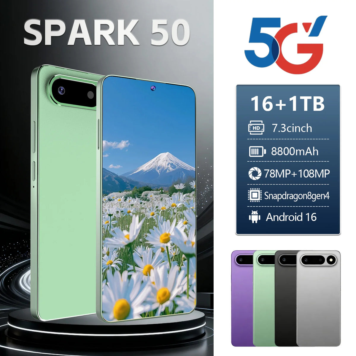 Android 16 Spark 50  Phone 16+1TB Storage 8800mAh Battery 7.3" Screen Support GPS Dual SIM for Travel Gaming Business Daily Use