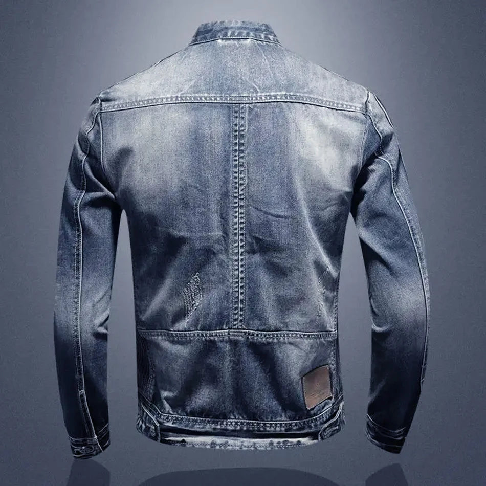 Spring and Autumn Men's Denim Cool Casual Retro M-4XL Stand Collar Zipper Tops Motorcycle Coat