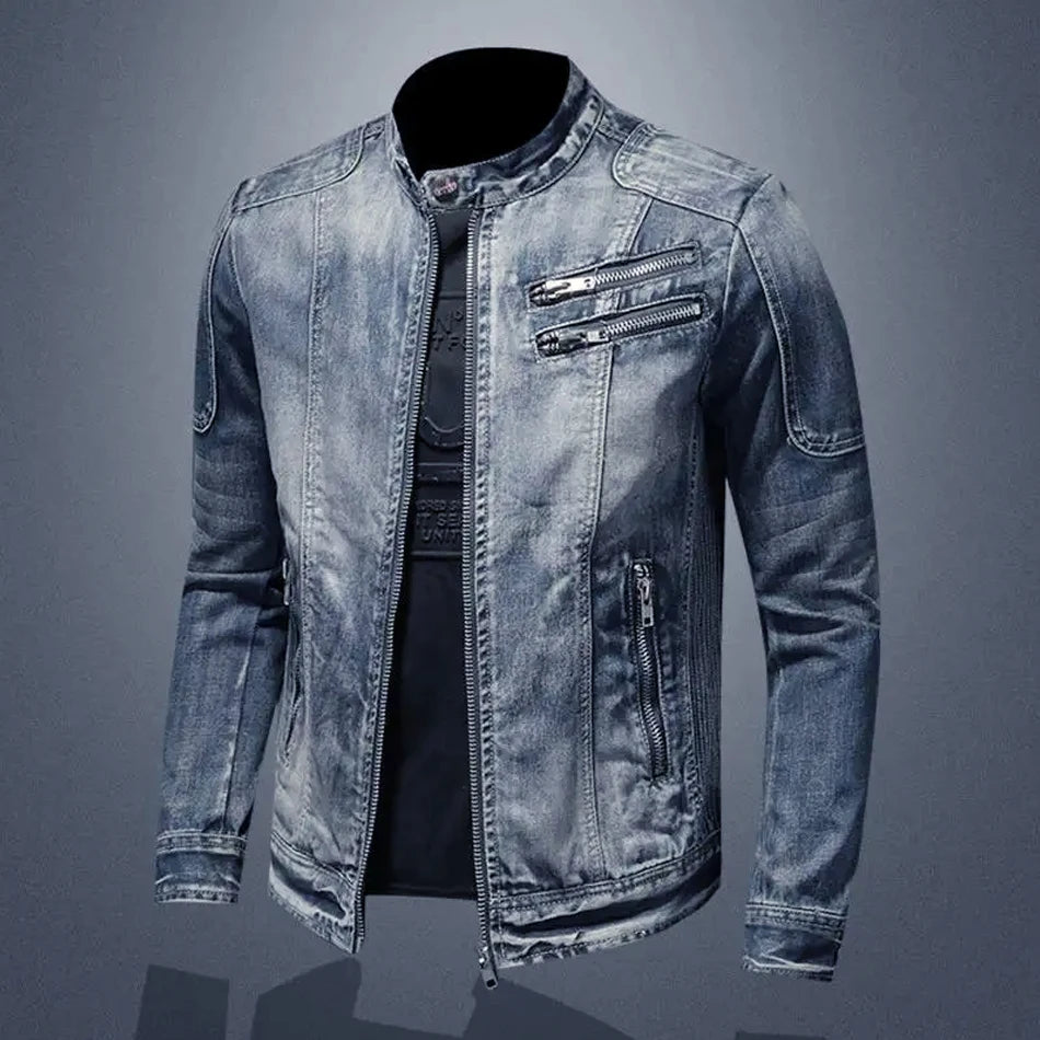 Spring and Autumn Men's Denim Cool Casual Retro M-4XL Stand Collar Zipper Tops Motorcycle Coat