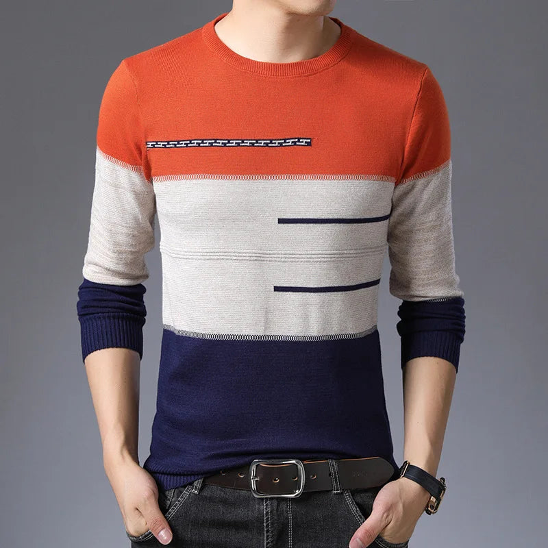 2026 Autumn Winter Pullover Men Round Collar Striped  Cotton Sweaters Slim Fit Pull Homme Knitwear