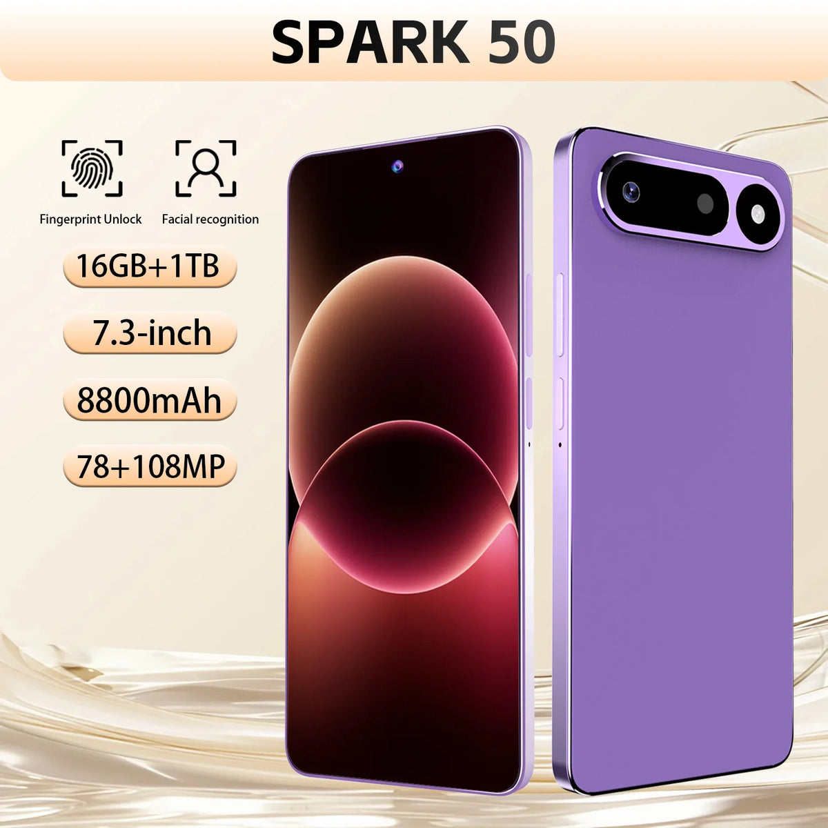 Android 16 Spark 50  Phone 16+1TB Storage 8800mAh Battery 7.3" Screen Support GPS Dual SIM for Travel Gaming Business Daily Use