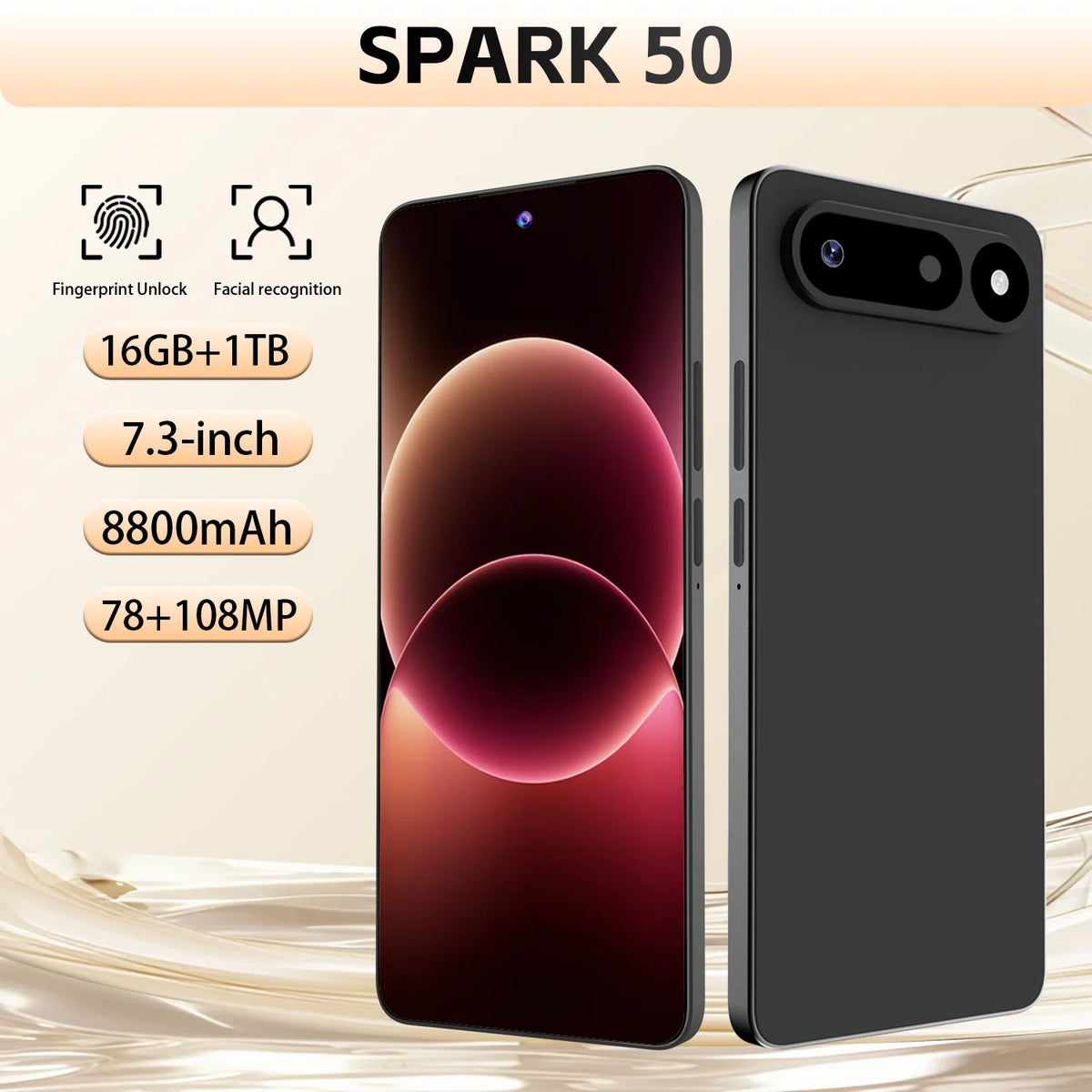 Android 16 Spark 50  Phone 16+1TB Storage 8800mAh Battery 7.3" Screen Support GPS Dual SIM for Travel Gaming Business Daily Use
