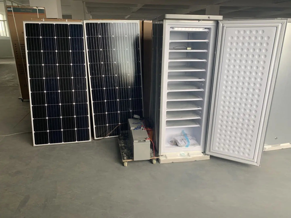 198L DC 24V Commercial Ice Block Bag Maker Ice Making Machine Refrigerator Upright Freezer Solar Panel Gel Battery 70kg/24 Hours