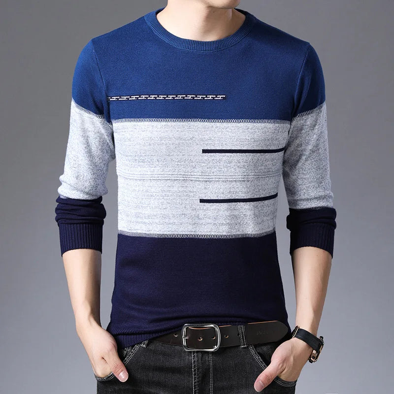 2026 Autumn Winter Pullover Men Round Collar Striped  Cotton Sweaters Slim Fit Pull Homme Knitwear