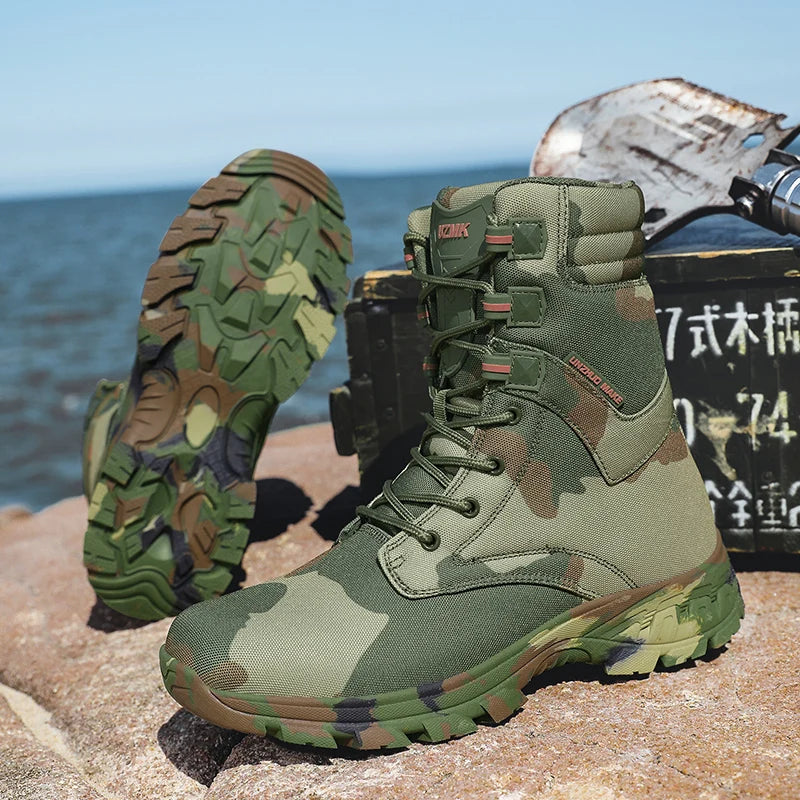 Men's Lightweight Waterproof Toe Outdoor Training Boots with EVA Midsole-Camouflage Rubber Upper + Oxford Mesh Lining