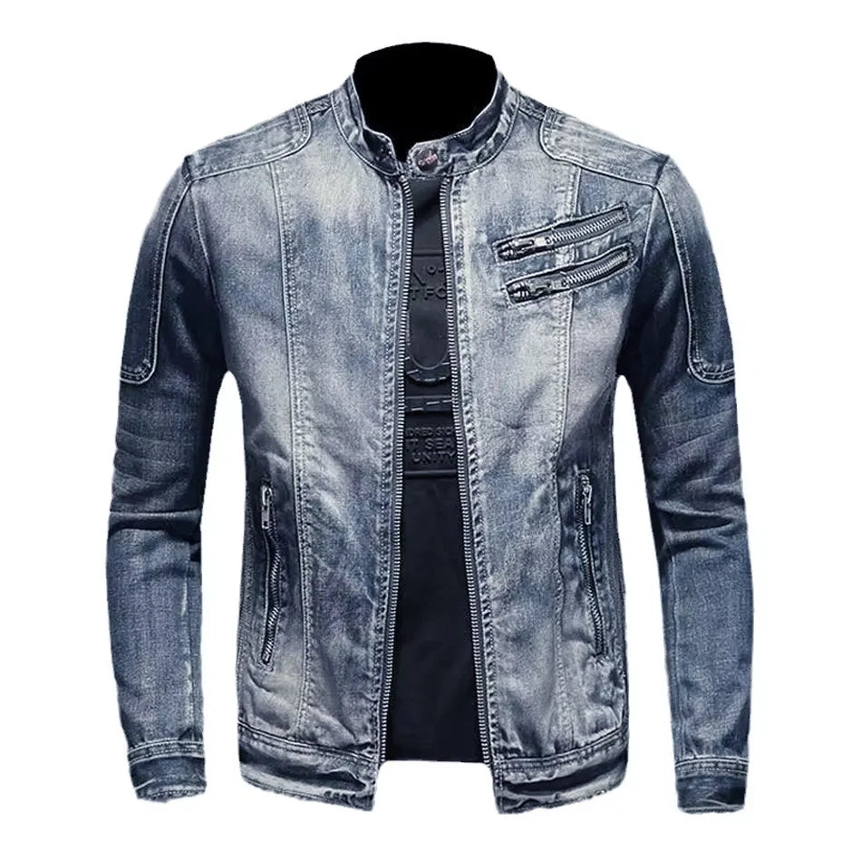 Spring and Autumn Men's Denim Cool Casual Retro M-4XL Stand Collar Zipper Tops Motorcycle Coat