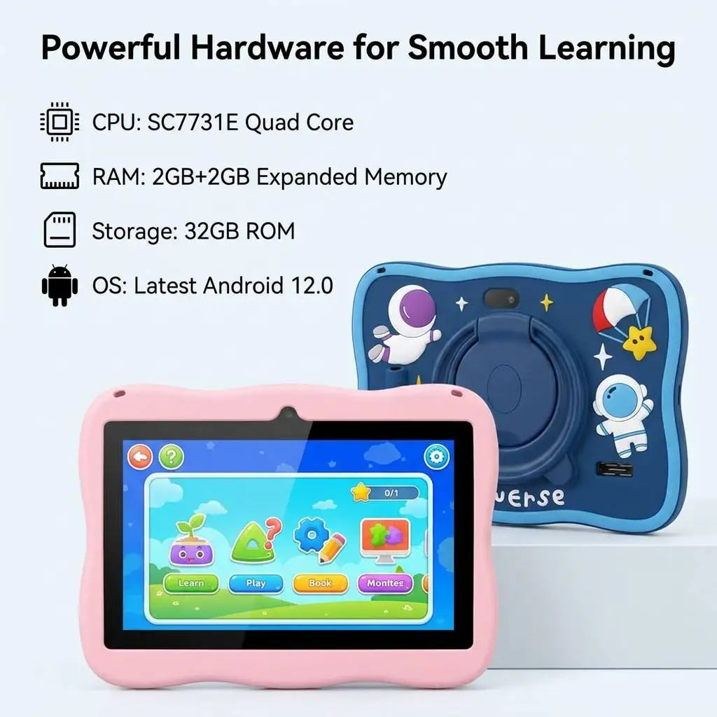 New Portable 7 Inch Android 12 Kids Tablet 2GB+2GB RAM 32GB Memory Educational for Child with Soft Silicone Cover Wi-Fi
