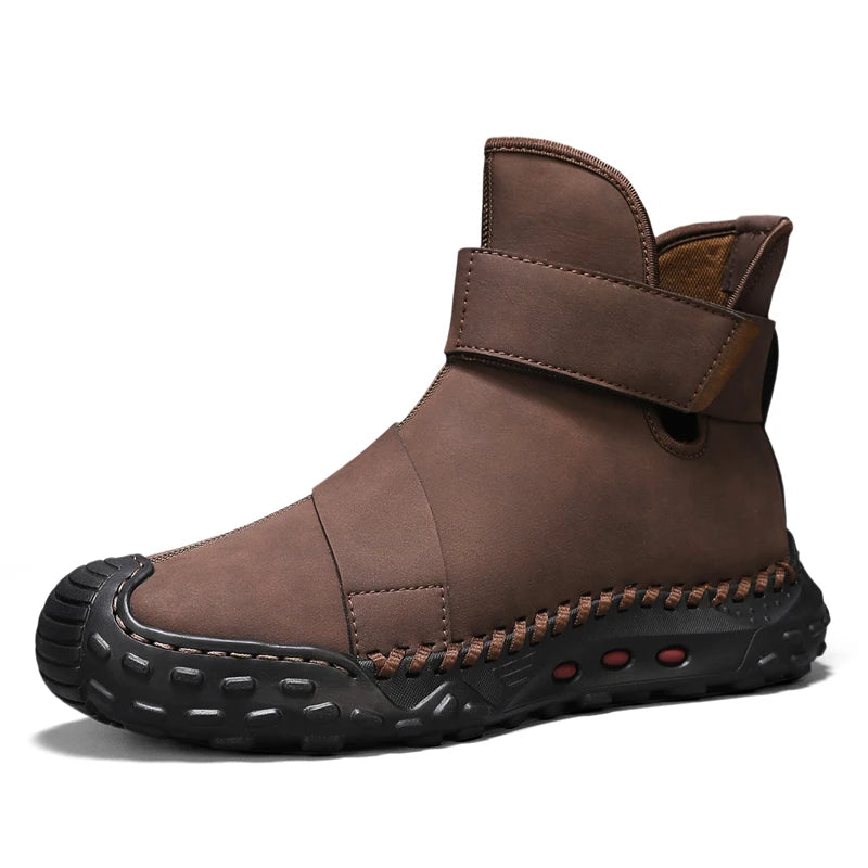Factory Supply Custom LOGO Service Middle-top Anti-slip Large Size Handmade Stitched Men Leather Casual Boots Sneakers Shoes