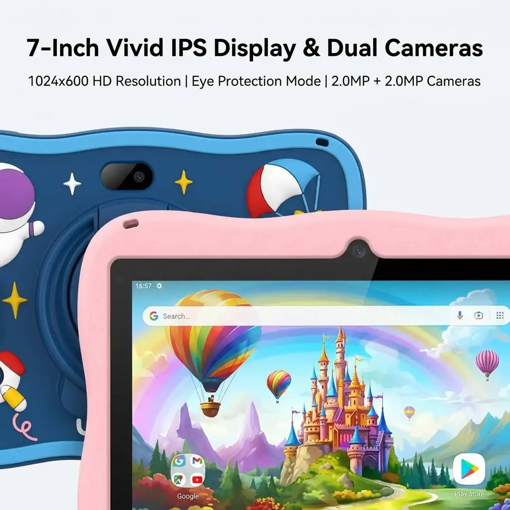 New Portable 7 Inch Android 12 Kids Tablet 2GB+2GB RAM 32GB Memory Educational for Child with Soft Silicone Cover Wi-Fi