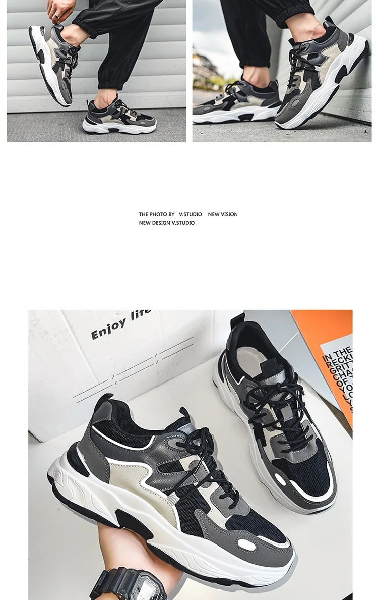 Men White Blue Red Color Block Dad Sneakers, Lace Up Breathable Light Thick Sole Comfort Outdoor Trend Casual Sports Shoes