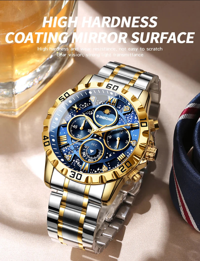 BINBOND Original Chnorograph Quartz Man Watch Waterproof Luminous Luxury Reloj Hombre Stainless Steel Moon Phase Men's Watches