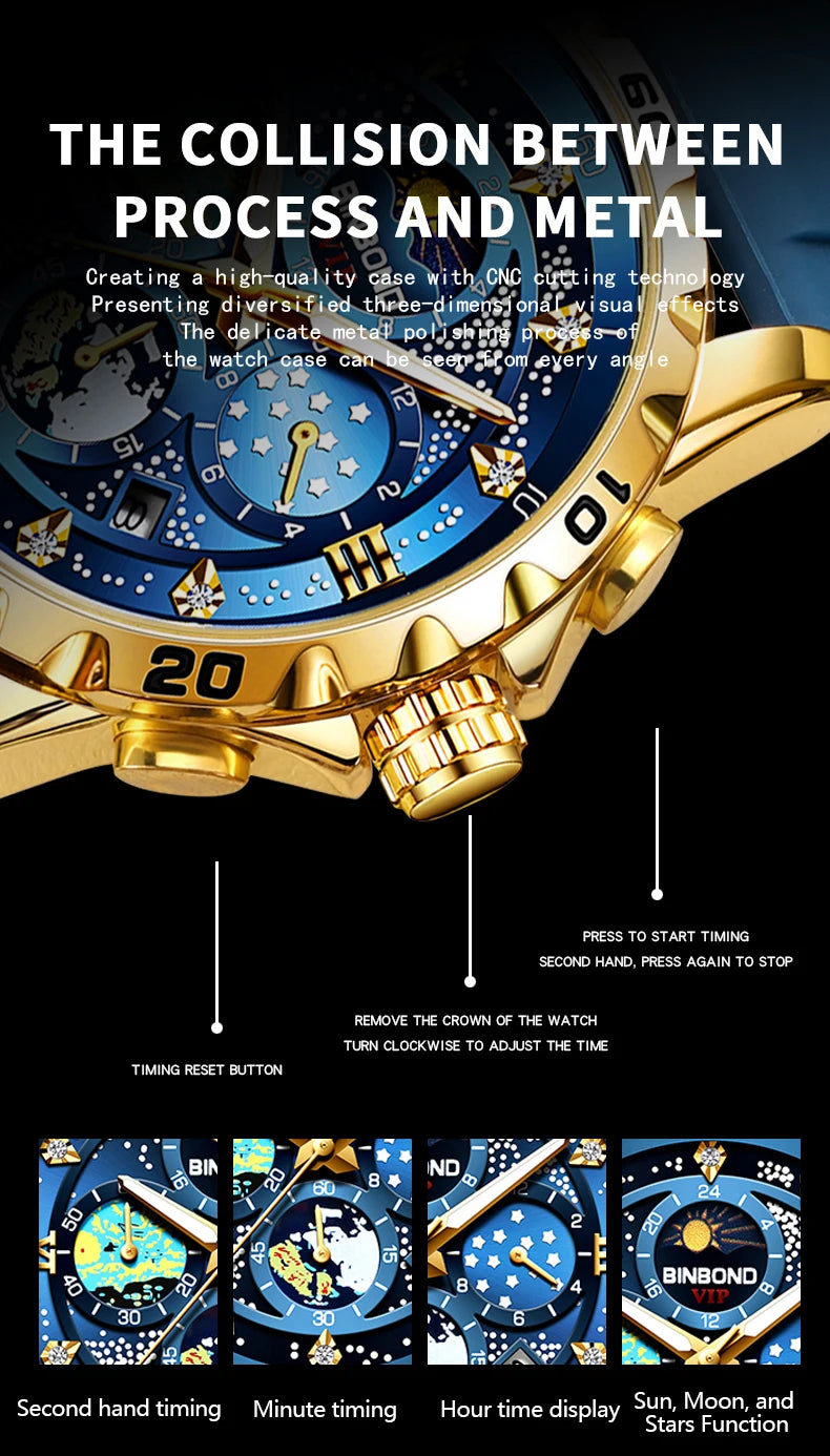 BINBOND Luxury Quartz Watches For Men Luminous Waterproof Auto Date Chronograph Men's Watch Business Sport Fashion Casual Reloj