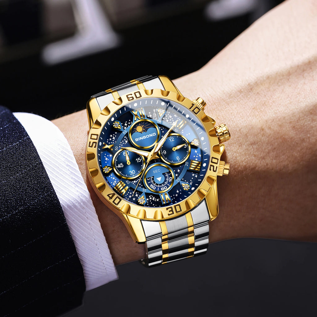 BINBOND Original Chnorograph Quartz Man Watch Waterproof Luminous Luxury Reloj Hombre Stainless Steel Moon Phase Men's Watches