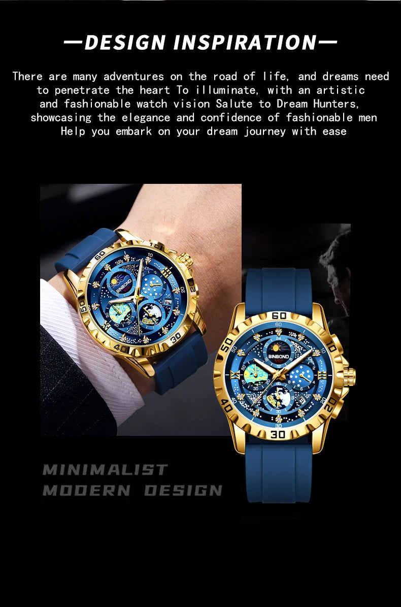 BINBOND Luxury Quartz Watches For Men Luminous Waterproof Auto Date Chronograph Men's Watch Business Sport Fashion Casual Reloj