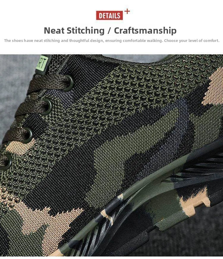 Unisex Camouflage Hiking Shoes Outdoor Training Worksite Safety Shoes Spring Summer Cotton Lined Leather Casual Shoes