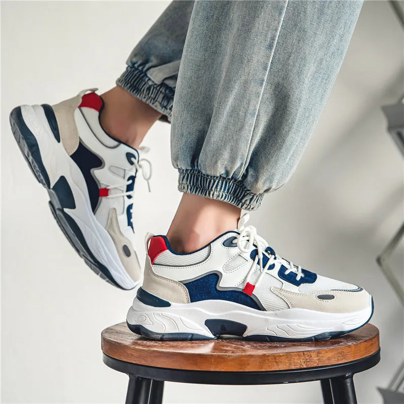 Men White Blue Red Color Block Dad Sneakers, Lace Up Breathable Light Thick Sole Comfort Outdoor Trend Casual Sports Shoes